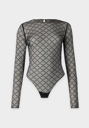 Body noir à manches longues en mesh transparent avec un design à motifs en losanges. Doté d'une ouverture en forme de clé dans le dos et d'une fermeture doublée au bas.