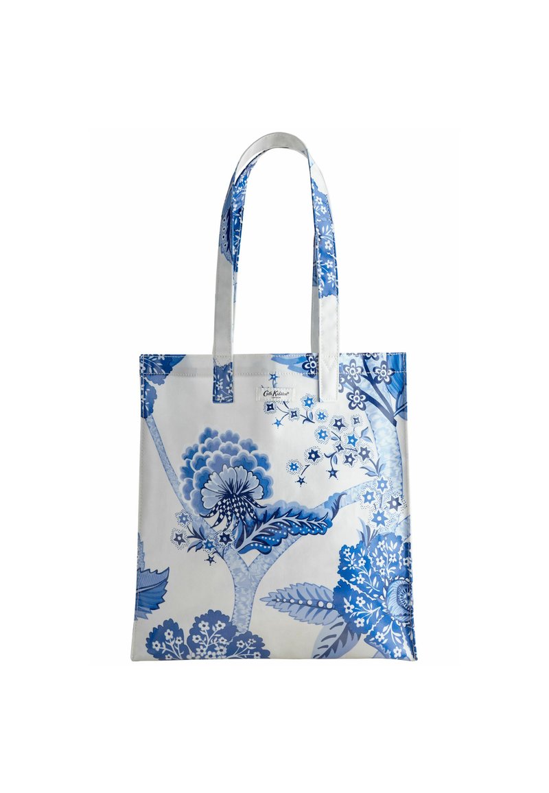 Blue and white floral tote bag made of fabric, featuring a detailed botanical pattern and two sturdy straps.