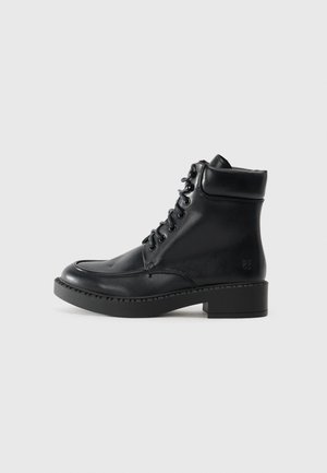 Black leather ankle boot with a smooth finish, rounded toe, and lace-up design. Features a block heel and is accented with stitching details.
