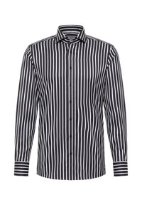 Zwart-wit gestreepte lange mouw shirt met knoop-kraag, featuring smalle verticale strepen en contrasterende gestreepte manchetten.