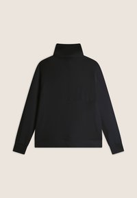 Pull noir avec un col montant, des manches longues et une coupe décontractée. Texture lisse avec un design simple, sans motifs ni accents visibles.