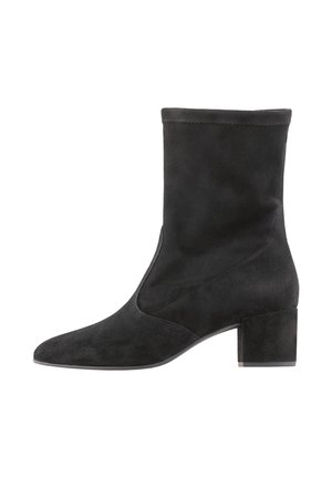 Black suede ankle boot with a pointed toe and block heel, featuring a smooth texture and seamless design, ideal for versatile styling.