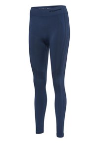 Marineblaue nahtlose Sportleggings mit strukturierten Seitenteilen und einem hummel-Logo am Bund.