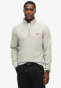 Sudadera de forro polar gris claro con cuello de media cremallera, que presenta un sutil estampado de logo, puños acanalados y un corte holgado. Combinada con pantalones oscuros.