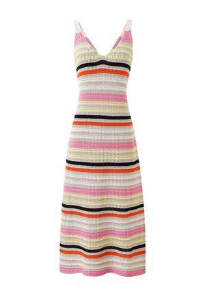 Gestreiftes Strickkleid mit V-Ausschnitt, breiten Schulterträgern und Midi-Länge, versehen mit mehrfarbigen Streifen in Rosa, Gelb, Orange und Schwarz.