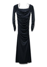 Abito lungo nero a maniche lunghe con una texture arricciata, scollatura quadrata e spalline sottili. Realizzato in tessuto liscio ed elasticizzato con una silhouette aderente.