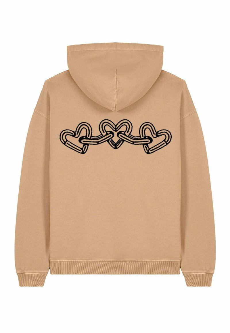 Felpa beige con un'illustrazione nera di cuori intrecciati sul retro. Tessuto morbido, maniche lunghe e cappuccio con lacci.