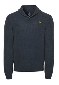Maglione in maglia di un blu navy scuro con collo a scialle e piccolo logo giallo ricamato sul lato sinistro del petto.