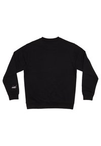 Schwarzer Sweatshirt mit langen Ärmeln, Rundhalsausschnitt, gerippten Bündchen und einem kleinen Logo am linken Ärmel. Glatte Fabricstruktur.