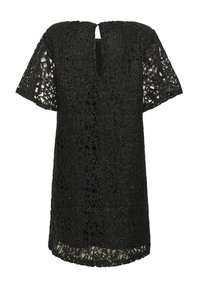 Rochie din dantelă neagră cu mâneci scurte, având decolteu în V și spate cu tăietură în formă de clemă. Model floral complicat cu textură stratificată.