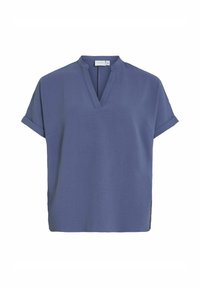 Maglietta ampia a maniche corte in tessuto blu testurizzato. Scollo a V con manicotti arrotolati e spacchi laterali per facilitare il movimento.