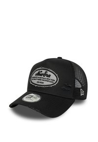 Black adjustable cap with a curved visor, mesh back, distressed details, and a prominent oval logo patch embroidered on the front.