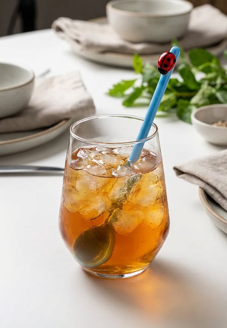 Szklanka mrożonej herbaty z niebieską słomką ozdobioną czerwoną biedronką, ustawiona na białym stole z talerzami i zielenią w tle.