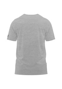 Graues Baumwoll-T-Shirt mit Rundhalsausschnitt, kurzen Ärmeln und glatter Textur. Verfügt über ein minimalistisches Design ohne sichtbare Logos oder Muster.