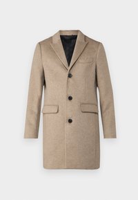 Beiger Wollmantel mit Reverskragen, dreiknöpfigem Verschluss, zwei vorderen Taschen und glattem schwarzen Innenfutter.