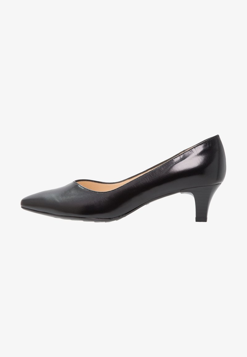 Escarpin en cuir noir à talon bas, bout pointu et finition lisse, présenté en profil latéral sur fond blanc.