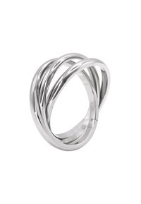 Anello multi-fasce in argento con superfici intrecciate e lisce, caratterizzato da una finitura lucida e un design moderno di forma circolare.