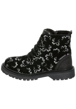 Black suede ankle boots with white floral pattern, round toe, lace-up design, padded collar, and textured rubber sole. Comfy and sturdy.