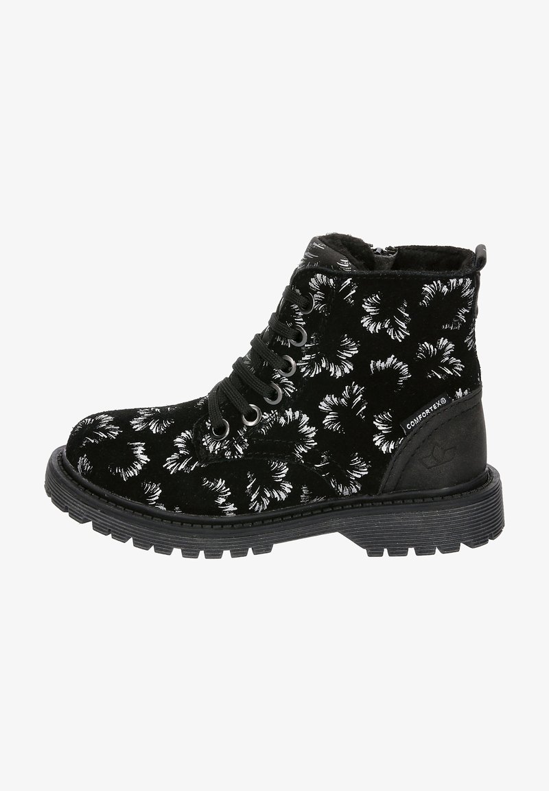 Schwarze Wildleder-Stiefeletten mit weißem Blumenmuster, runde Zehenpartie, Schnürdesign, gepolsterter Kragen und strukturiertes Gummisohle. Bequem und robust.