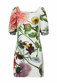 Robe en tissu blanc imprimé floral, avec des manches bouffantes ornées de fleurs roses et d'accents verts, coupe courte, décolleté carré et finition texturée des manches.