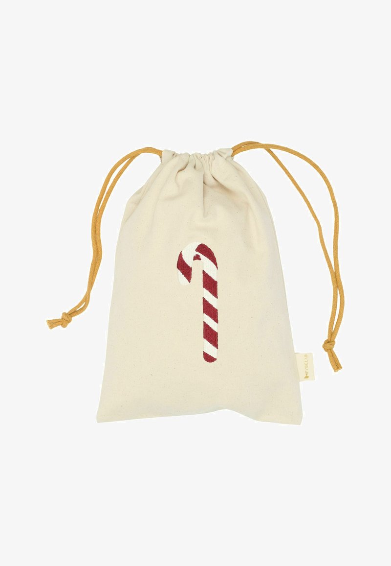 Snopepose lavet af beige bomuld med et rød- og hvidstribet design af en slikstok. Den har et snor i guldfarve til lukning.