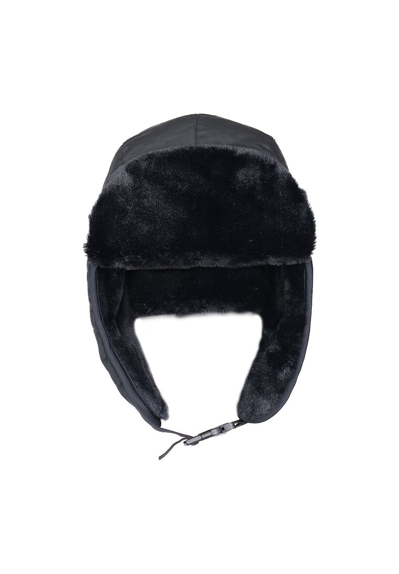 Zwarte vliegersmuts gemaakt van een gladde buitenstof en gevoerd met zachte nepbont. Voorzien van oorkleppen en een kinband voor een stevige pasvorm.