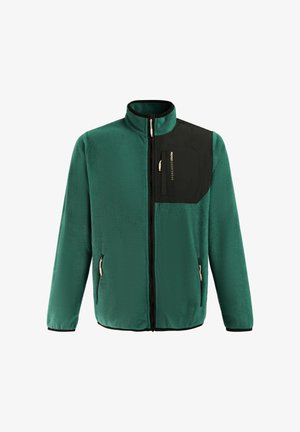 Groene fleecejas met een volledige ritssluiting aan de voorkant, een zwart borstzakje met verticale rits, twee zijzakken met rits, lange mouwen en een opstaande kraag.