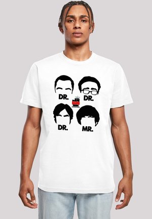 White cotton t-shirt featuring four black silhouettes of faces with glasses and hairstyles, labeled "DR." and "MR." in bold text.