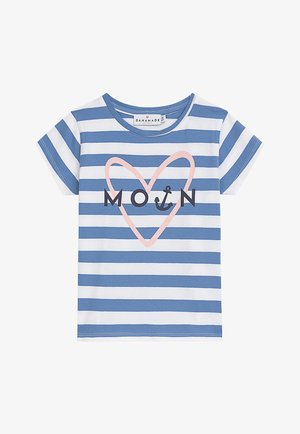 Striped blue and white cotton t-shirt with short sleeves. Features a pink heart shape and the word "MOI" in black with an anchor graphic.