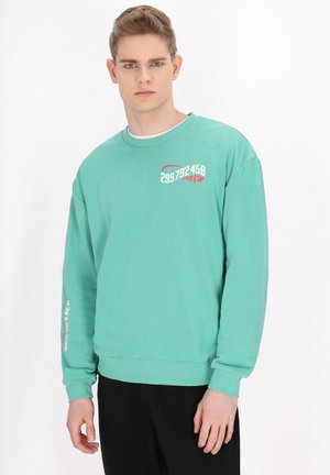 Lichtgroene sweatshirt van katoen, met een ronde hals en lange mouwen. Tekst in het wit en rood gedrukt op de voorkant en de mouw.