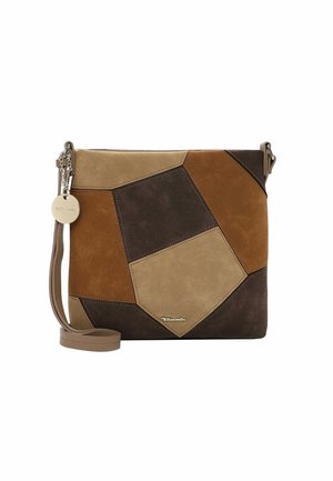 Brown and tan suede crossbody bag with geometric panel design, adjustable strap, and silver-tone hardware detail. Compact rectangular shape.