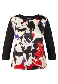 Langärmliges Oberteil mit einem mehrfarbigen abstrakten Muster in Rot, Schwarz, Weiß und Lila. Schwarze Ärmel und runder Halsausschnitt. Weicher Stoff.