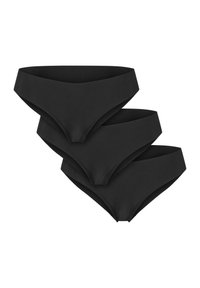 Drie paar zwarte bikini slips van zacht stof, met een gladde textuur en een low-rise ontwerp met een naadloze broekband.