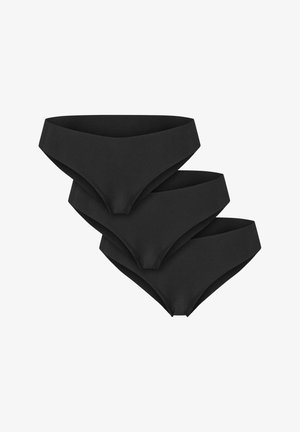 Trei perechi de chiloți negri din bikini, confecționați dintr-o țesătură moale, cu o textură netedă și un design cu talie joasă, având un brâu fără cusături.