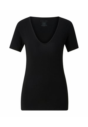 Black short-sleeve T-shirt with a deep V-neck, made of smooth fabric, featuring a fitted silhouette and minimalistic design.