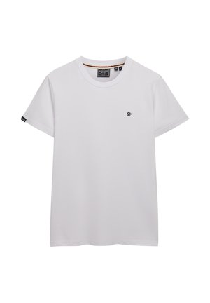 T-shirt blanc à manches courtes avec col rond, petit logo brodé sur la poitrine gauche et étiquette sur l'ourlet de la manche gauche.