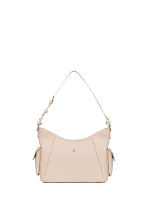 Borsa a tracolla in pelle beige con tracolla regolabile e due tasche laterali, con un piccolo bottone metallico centrale sul davanti.