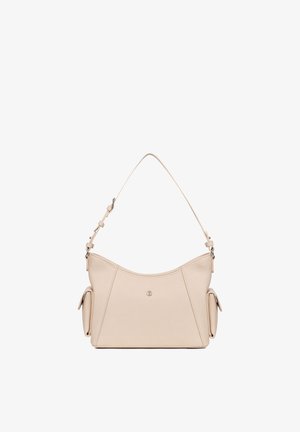 Beige Lederschultertasche mit verstellbarem Riemen und zwei Seitentaschen, vorne mit kleinem zentralem Metallknopf.