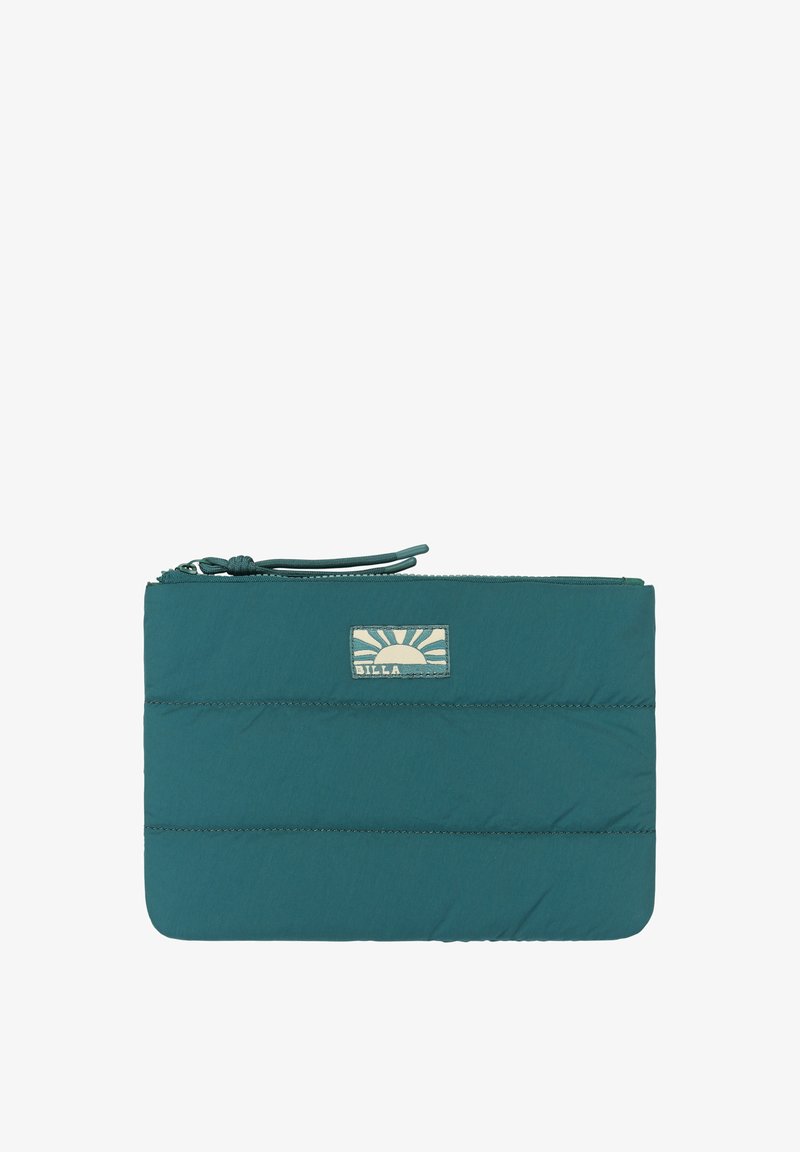 Tyrkysová, polstrovaná zipová taška s horizontálnymi švami. Obsahuje logo s dizajnom slnka v krémovej farbe a embosovaný text. Hladký povrch.