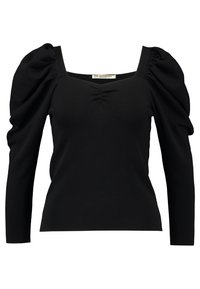 Zwarte langarmtop van zachte stof met een vierkante halslijn, puff-sleeves en geplooide details in het midden van de voorkant.