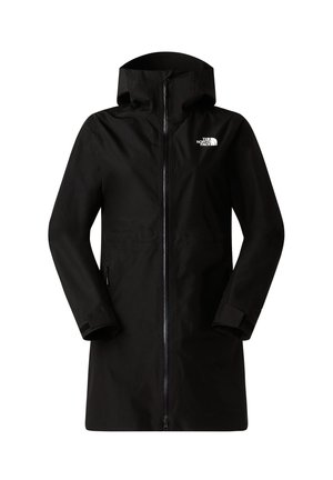 Black waterproof jacket with a hood, full front zip, and logo on the upper left. Features long sleeves and side pockets. Smooth texture.
