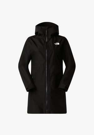 Black waterproof jacket with a hood, full front zip, and logo on the upper left. Features long sleeves and side pockets. Smooth texture.