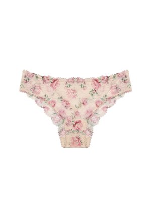 Beige kanten bikini ondergoed met roze bloemenpatroon en golvende randen, weergegeven op een witte achtergrond.