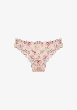 Beige kanten bikini ondergoed met roze bloemenpatroon en golvende randen, weergegeven op een witte achtergrond.