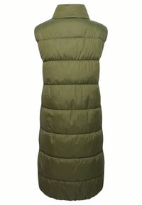 Maslinasto zeleni puffer prsluk s visokim ovratnikom, bez rukava, kviltanom teksturom i horizontalnim šavovima za izolaciju.