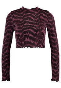 Svart och rosa kortärmad långärmad topp med ett chevronmönster, vågig nederkant och textil med subtil glans.