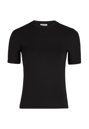 Black ribbed short-sleeve T-shirt made of soft fabric featuring a round neckline and fitted silhouette. Label visible inside the neckline.