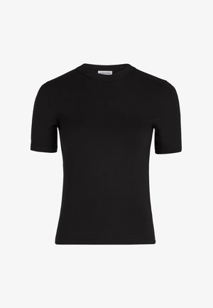 Black ribbed short-sleeve T-shirt made of soft fabric featuring a round neckline and fitted silhouette. Label visible inside the neckline.