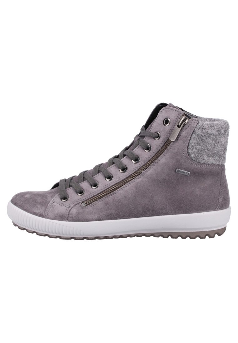Szare zamszowe sneakersy wysokie z zamkiem błyskawicznym z boku, sznurowadłami, wyściełanym kołnierzem z filcu i białą gumową podeszwą.