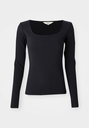 Zwarte lange mouwen rib top met een vierkante halslijn, gemaakt van rekbaar materiaal, strakke pasvorm en in een effen kleur zonder patronen of versieringen.